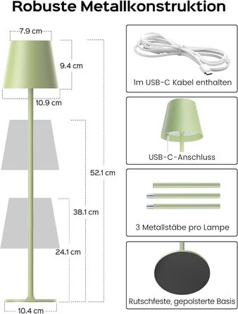 LED-лампа настільна Jackyled бездротова, перезаряджувана, 5000mAh, 3 рівня висоти, 3 температури кольору, регульована яскравість (зелена, 1 шт.)