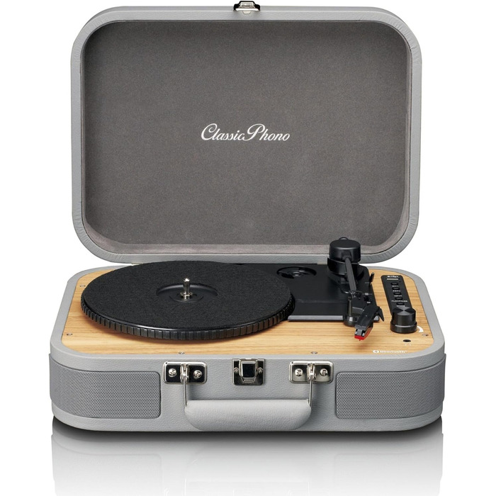 Програвач вінілу Lenco Classic Phono TT-116 Bluetooth, 3 швидкості, вінтажний стиль, RCA вихід, стерео динаміки, сірий