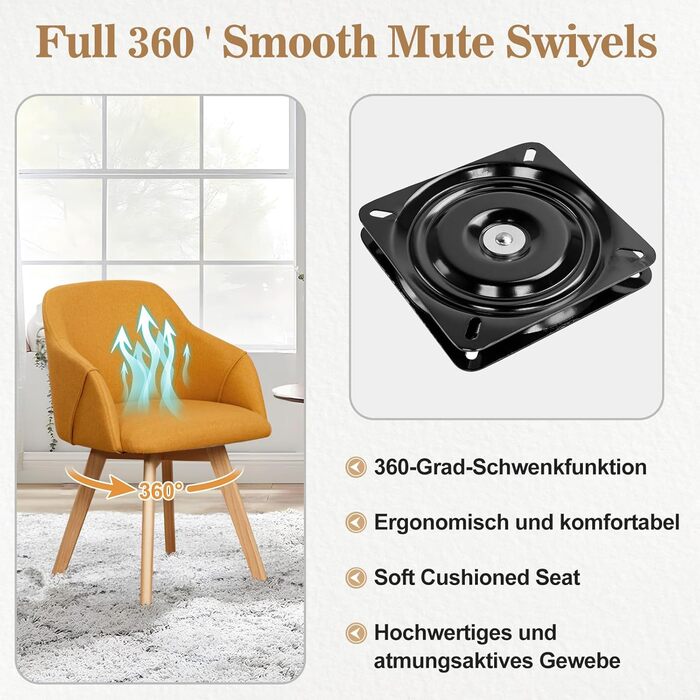 Обідальні стільці Bekrvio (2 шт) з обертанням та підлокітниками – 360° для їдальні, стільці до обіднього столу, обертаються, з м'яким сидінням, з дерев'яними ніжками з масиву бука, жовті, з тканини льон