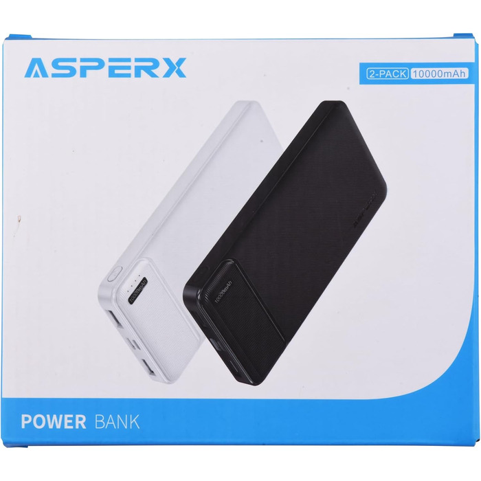 Набір AsperX Power Bank з 2 шт. , 10000 мАг (вхід/вихід USB-C) Тонкий зовнішній акумулятор, чорний/білий