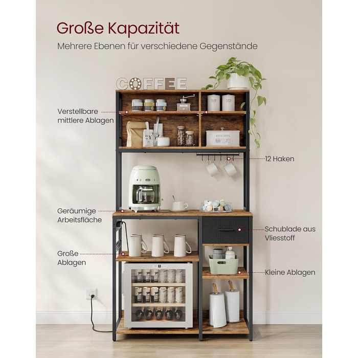 Стелаж кухонний VASAGLE з розетками, 40 x 100 x 180,4 см, з полицями, ящиком, 12 гачками, антрацит-чорний, KKS027B02