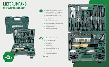 Набір інструментів Brüder Mannesmann 87 предметів у кейсі з Cr-V сталі: викрутки, плоскогубці, молоток, рівень, головки та біти M29084