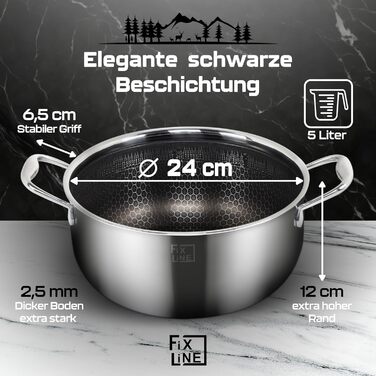 Каструля FIXLINE Black Forest 24 см - зі скляною кришкою - для всіх типів варильних поверхонь, включаючи індукційну - 5 л - легко миється - можна використовувати в духовці до 250C - ідеальний подарунок