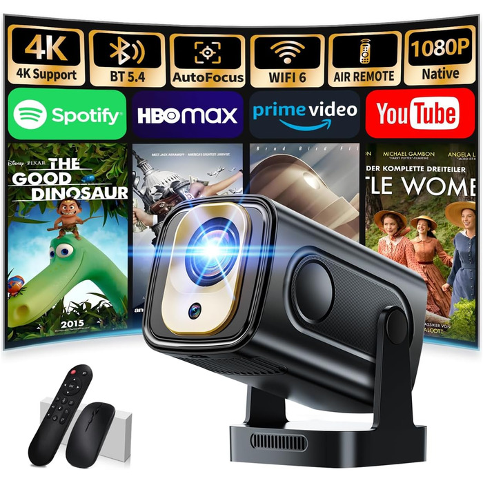 Портативний проєктор Mini Beamer 4K Full HD 1080P з WiFi 6, Bluetooth 5.2 та автоматичною корекцією трапецеїдальних спотворень. Підтримка HDMI, TV Stick, Memory Stick, Laptop. Білий (NT10-Black)