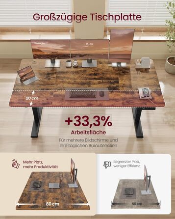 Стол для роботи VASAGLE з регулюванням висоти, USB-C, підставка для розеток, стоячий стіл, нагадування про перерви, 3 пам'яті, 160x80 см, Vintage Brown (LSD146WZ02)