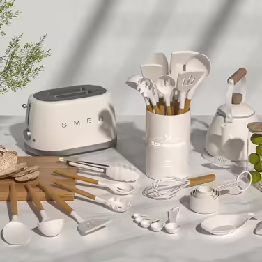 Набір кухонного приладдя Umite Chef, 24 предмети, антипригарний силікон, з дерев'яними ручками та підставкою, жаростійкий шпатель і ложки
