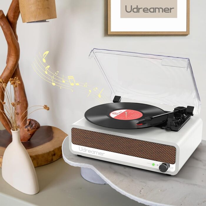 Вініловий програвач Udreamer з Bluetooth, динаміками, USB, AUX, RCA, 3 швидкості, ремінний привід, дзеркальний дизайн, білий