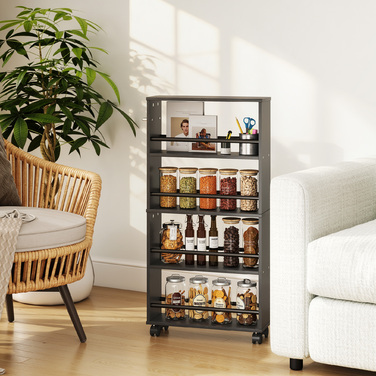 Багатофункціональна полиця на колесах, вузький дизайн, 4 відділення, 45x15x91 см, Чорний