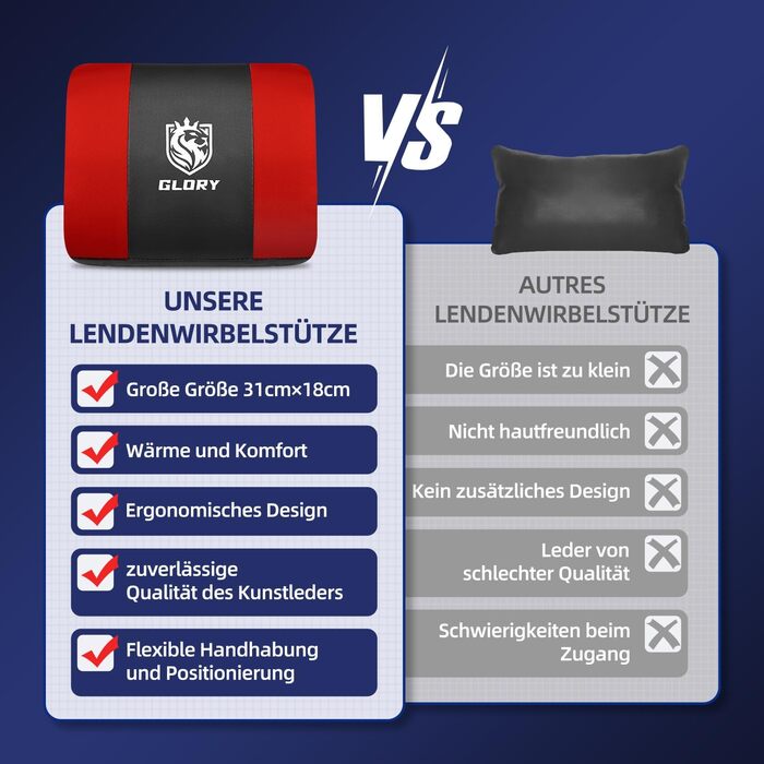 Ігровий крісло, офісне ергономічне крісло з телескопічною підніжкою, з підголівником та підтримкою попереку, регульоване та поворотне, 150 кг, (червоний)