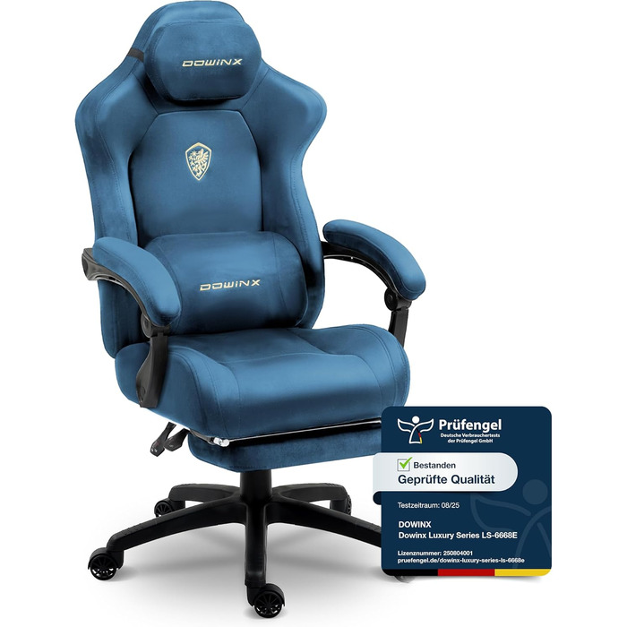 Ігровий крісло Dowinx з масажем попереку, регульованою підголівником, потовщеним сидінням, висувною підніжкою, регульованими підлокітниками, мікрофіброю велюром, нахилом 160°, блакитний колір