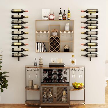 Настінна полиця для вина TJ.MOREE на 12 пляшок, дерев'яний винотримач для кухні, бару, їдальні - чорний комплект 6 шт.