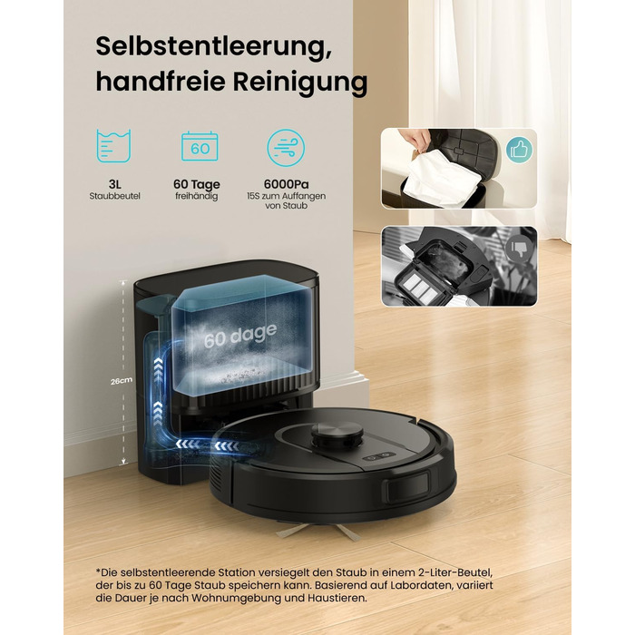 Робот-пилосос Vexilar W11 з функцією миття, 3 л, потужність 6000Pa, час роботи 180 хв, LiDAR навігація, 15 зон заборони, керування через додаток, для килимів та шерсті тварин