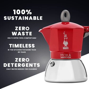 Чайник для приготування мока, підходить для всіх типів плит, Еспресо (190 мл), (2 чашки, New Moka Induction, Червоний)