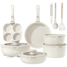 Набір посуду YASHE 20 предметів: каструлі та сковорідки з знімними ручками, антипригарне покриття, індукційний, до 230°C, для миття в посудомийній машині, сірий та білий