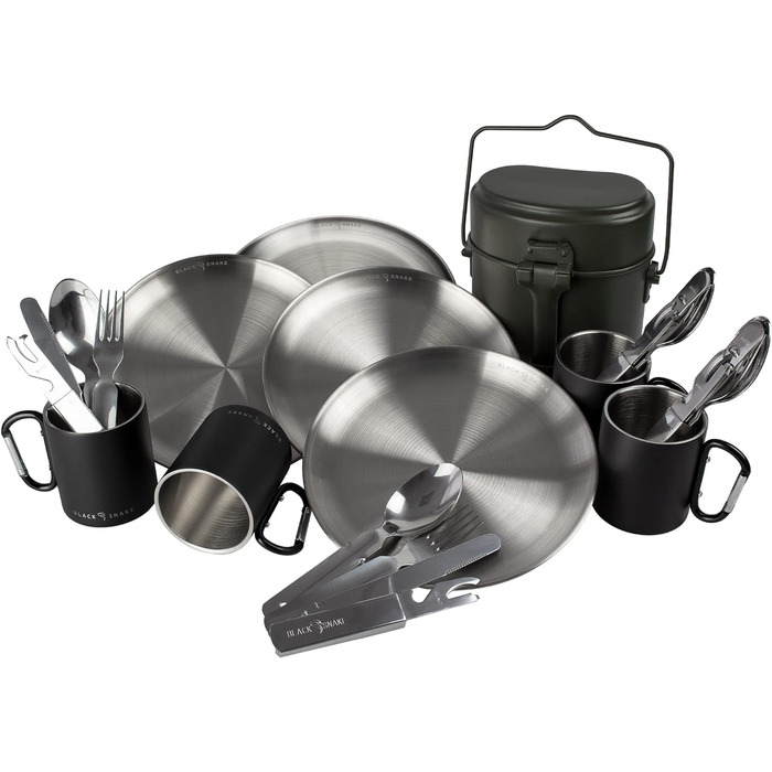 Посуд Чорна змія з плоскими кемпінговими тарілками з нержавіючої сталі та столовими приборами, а також набір чашок з гачком для омарів 4 особи