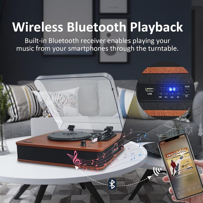 Програвач вінілу VOSTERIO з Bluetooth, Hi-Fi стереодинаміками, ретро дизайн, 3 швидкості, FM-радіо, USB, TF, Aux-In, RCA, LED-дисплей, функція перетворення вініл-у-MP3