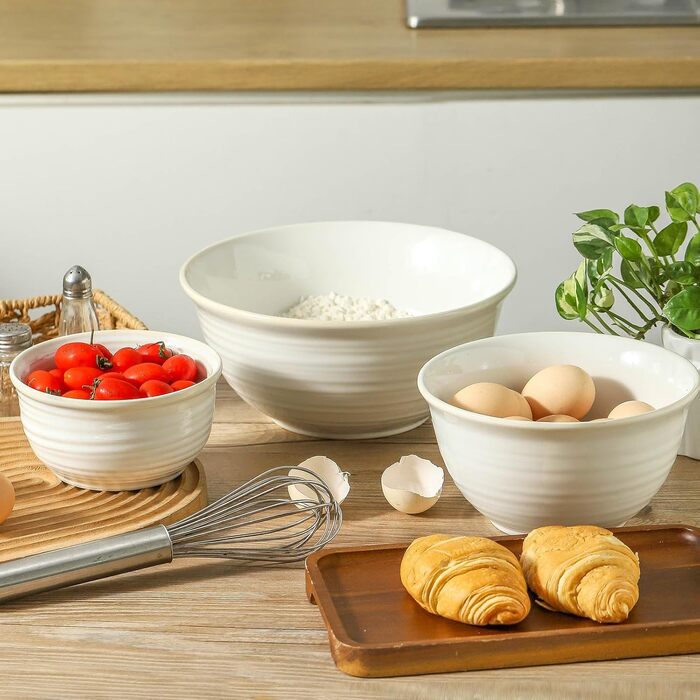 Набір керамічних мисок для перемішування Hasense, 2.1/1.0/0.5 Qt, ручної роботи, для салату та сервірування, глибокі миски для зберігання та випікання, мікрохвильова та посудомийна машини, збагачені глиною 20+40+84 унція, збагачені глиною Білий