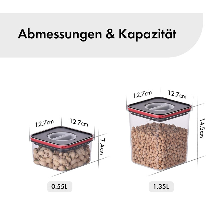 Неофламові банки для зберігання, герметичні та без BPA 0,55 л, 1,35 л, 1 л, 2,7 л (2 x 0,55 л, 2 x 1,35 л, чорний/червоний)