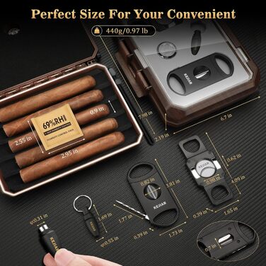 KEJIAR Вишуканий футляр для сигар з контролем вологості, набір з різаками для сигар (3 в 1, V-Cut, Straight Cut, штамп) - Темний