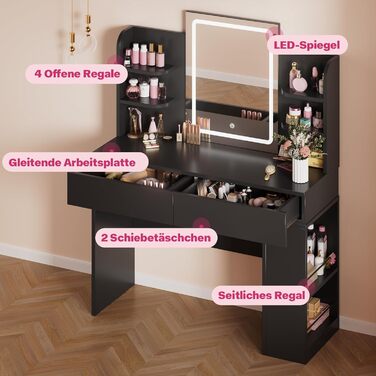 Великий туалетний столик Airfish з підсвічуванням 108x40 см, з дзеркалом та полицями, 2 шухляди, регульована яскравість, 3 кольори, для спальні/вітальні (білий туалетний столик) (чорний туалетний столик)