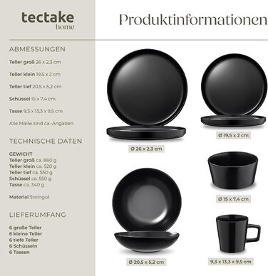 Набір посуду Tectake® 30 предметів: тарілки, миски, чашки, тарілки для їжі та сніданку, глибокі тарілки, миски. Чорний набір посуду з каменю, 6 осіб.