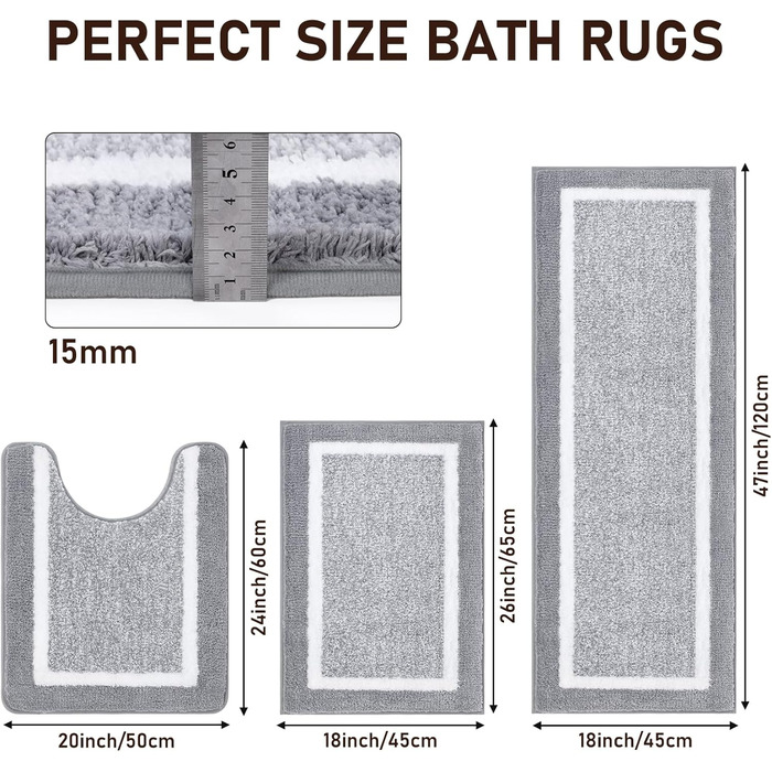 Набір килимків для ванної кімнати Pauwer: м'який, високий ворс, антиковзний. Включає килимок для душу, підлогу та унітаз. Розміри: 45x65 см, 45x120 см, 50x60 см. Машинне прання.