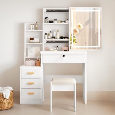 Дзеркальний туалетний столик DATO з LED-підсвічуванням, 3 колірні температури та регулюванням яскравості, з пуфом, 5 шухляд та 3 полиці, розсувний дзеркало