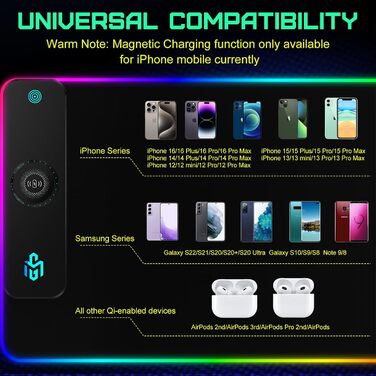 Ігрова килимок для миші RGB з бездротовою зарядкою Qi 15W, LED-підсвічування, 10 режимів, вологостійкий, протиковзкий, для геймінгу, офісу та дому (Чорний)