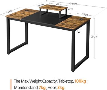 Письмовий стіл Yaheetech, комп'ютерний стіл, 140 x 89 x 60 см, стіл для ігор/роботи/навчання з кріпленням для двигуна/2 кабельні втулки/1 гачок для навушників, сільський коричневий