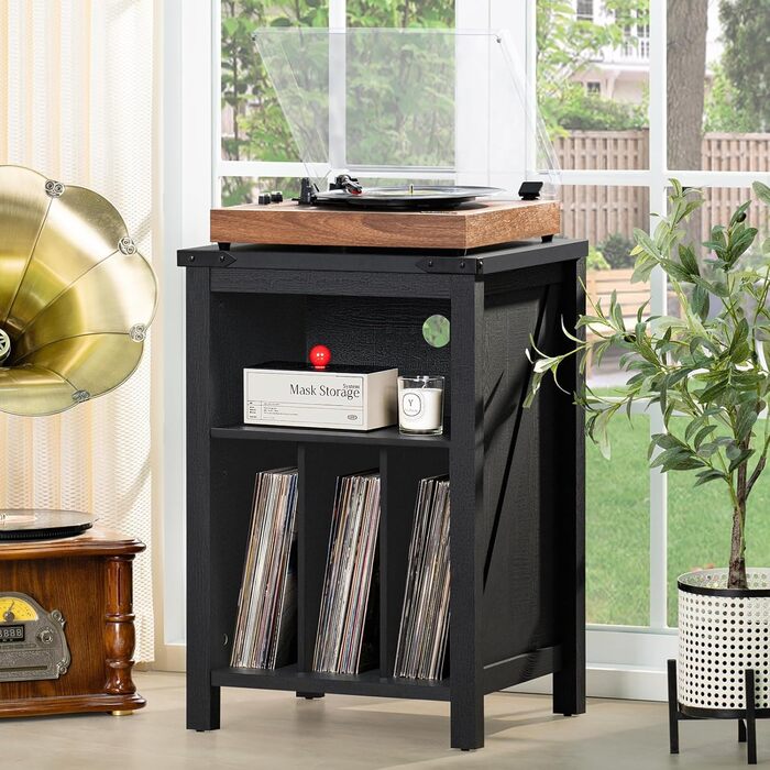 Підставка для програвача вінілу з місцем для платівок, чорна. Місце для 160 платівок. Дерев'яна підставка-шафа для програвача, полиця для вітальні, спальні, офісу