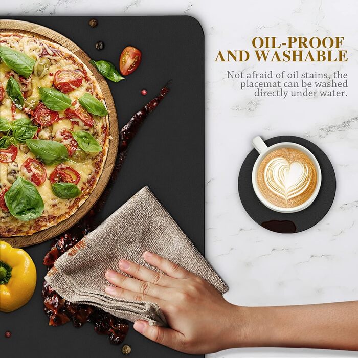 Набори серветок на стіл (6 шт.) чорного кольору, водонепроникні, підставки під тарілки, серветки для дітей, осінні серветки, серветки зі штучної шкіри, підставки під тарілки (Чорний, розмір 38,8)