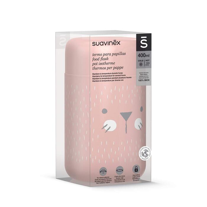Дитяча термопляшка-термос Suavinex, 100 нержавіюча сталь, герметична кришка, зберігає температуру 6 годин, 400 мл, рожева.