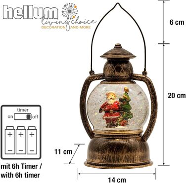 LED ліхтар Hellum у вигляді сніжної кулі на Новий рік, 14x20 см, з підсвіткою, на батарейках, для прикраси ялинки та дому