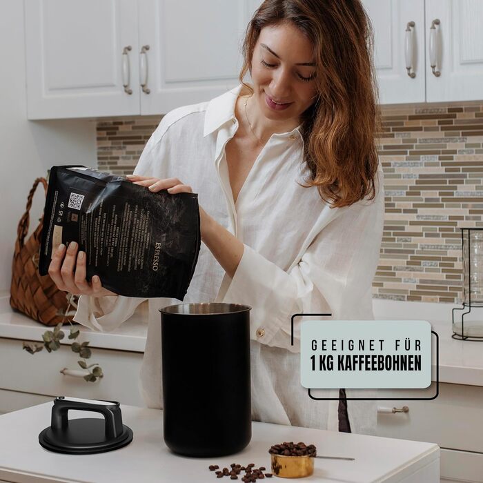 Контейнер для кави KC Kitchen & Co. 1 кг, нержавіюча сталь, вакуумний клапан, 2800 мл, білий матовий/чорний матовий