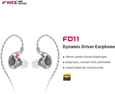 Навушники FiiO FD11, IEM, динамічний драйвер, знімний кабель, штекер 3,5 мм, глибокі баси (сріблястий)