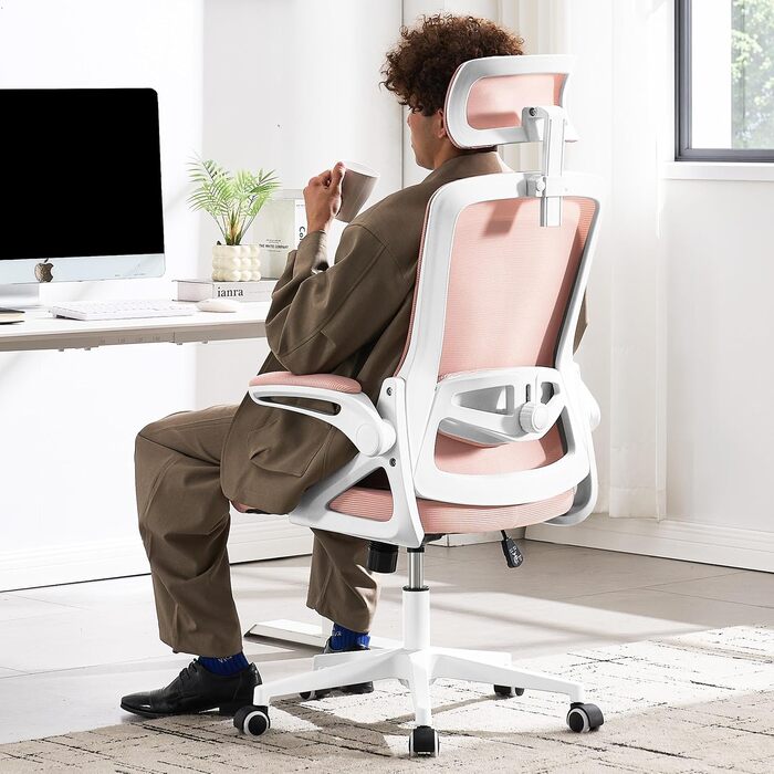 Ергономічне крісло для офісу Fizzin, комп'ютерне крісло з регульованою поперековою підтримкою, дихаюча сітчаста спинка, посилене сидіння, зручне крісло для дому та офісу (рожеве)