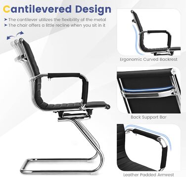 Крісла-гойдалки GIANTEX 2 шт., ергономічні конференц-крісла для гостей з підлокітниками, міцний металевий каркас до 120 кг, сучасні крісла з штучної шкіри, чорні