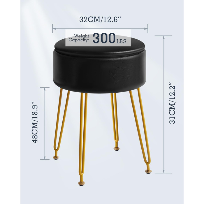 Пуф-табуретка IBUYKE з велюру, круглої форми, з м'якою оббивкою, на золотих металевих ніжках, чорного кольору, з PU-підсидінням для зберігання, модель L/G-30P