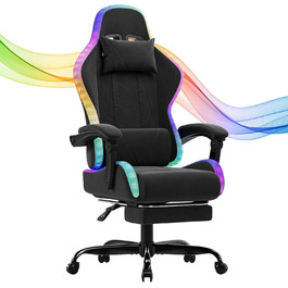 Ігровий крісло JUMMICO з тканини та LED підсвічуванням, ергономічний офісний стілець з масажем попереку та підставкою для ніг, регулювання 90°-135°, максимальне навантаження 150 кг, темно-сірий колір