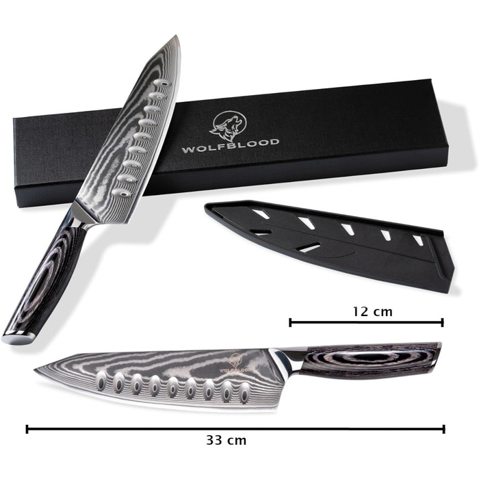 Кухонний ніж Wolfblood PRO Damast XL (33 см) з дамаської сталі 67 шарів, преміум-якість, для професійних кухарів, з дерев'яною ручкою, подарункова коробка, захист леза, сертифікований TÜV, 62 HRC