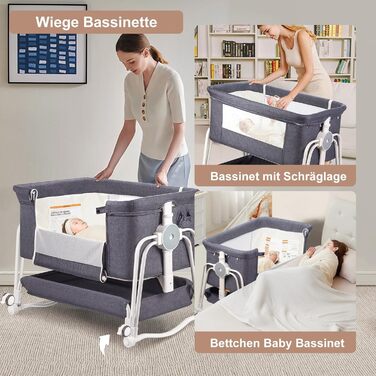 Дитяче ліжко-манеж 4 в 1 з регулюванням по висоті, з коліщатками та москітною сіткою, сірий колір