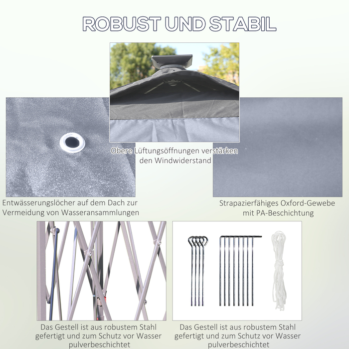 Павільйон-шатер 3,3 x 3,3 м з LED-підсвіткою, сітчастими шторами, сумкою для перенесення, сірого кольору