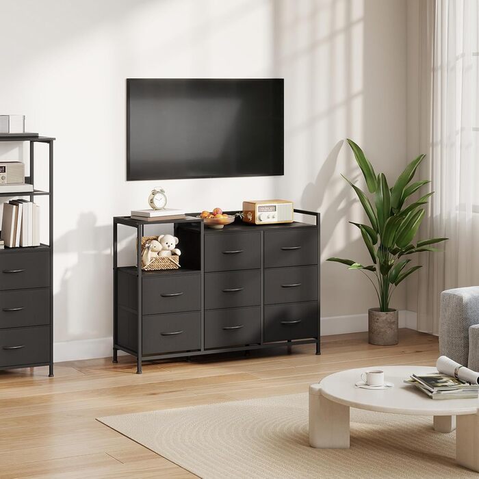 Комод Somdot з висувними ящиками для спальні, вітальні, передпокою з LED-підсвічуванням та розетками (2 AC, 1 USB, 1 Type-C), 5 тканинних ящиків, білий, 29T x 66,5B x 70,5H cm (Чорний, 29T x 99B x 70.5H cm (8 ящиків))