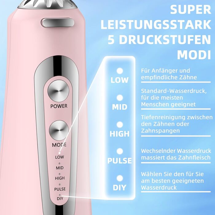 Електрична ірigator для порожнини рота Munddusche з 5 режимами, 300 мл, 6 насадок, рожевий