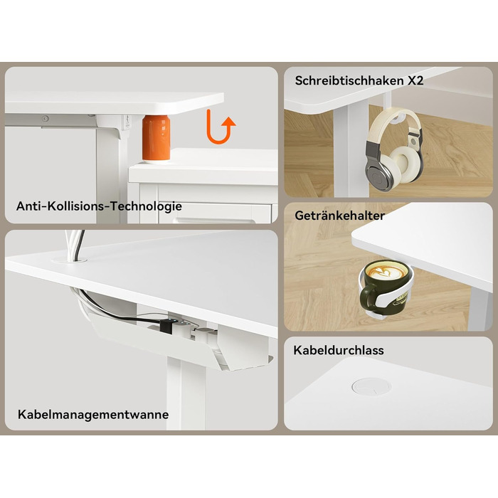 Електричний кутовий стіл L-подібної форми, 190 x 150 см. Регулювання висоти, стіл для офісу, ігровий стіл з керуванням кабелями, білий.