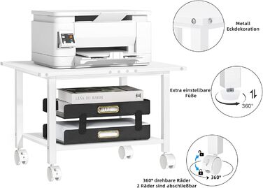 Стіл для принтера LELELINKY з колесами, мобільний двоярусний стійка для принтера, білий, 52.5 x 40 x 36 см