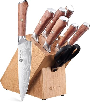 Набір кухонних ножів YOTSUBA 8 предметів з дерев'яним блоком, точилка, ножиці, кухонні ножі з нержавіючої сталі