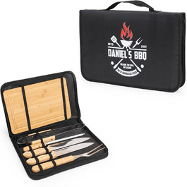 Персоналізований набір для барбекю Wanapix | 6 аксесуарів (ніж, точилка, ніж для нарізання, щипці, бамбукова дошка)
