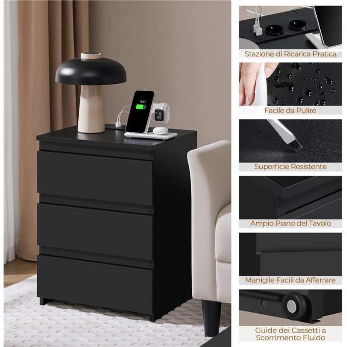 Нічний столик Yaheetech з 3 висувними ящиками, 2 розетками AC та 2 USB-портами, чорний колір. Підходить для спальні/вітальні.