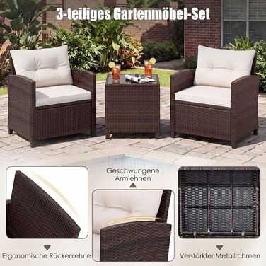 Набір садових меблів COSTWAY з ротангу для балкона та тераси, 3 предмети: 2 крісла, стіл зі скляною стільницею, подушки. Колір: коричневий + білий.